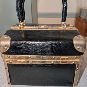 Vintage Black Lizard-Texture Train Case / Box Purse Gold Hardware By Rosenfeld